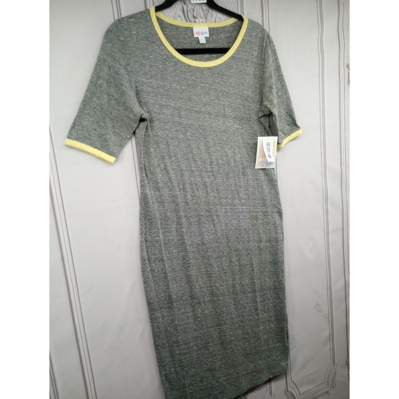NWT LuLaRoe Dress SZ Medium Julia Style Sheath Casual Stretch Gray Yellow Trim - Picture 10 of 16